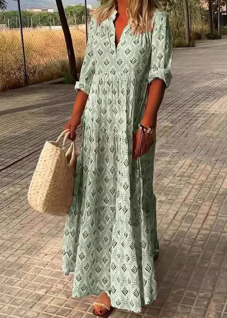 Loose Sky Blue V Neck Print Maxi Dresses Fall - Image 4