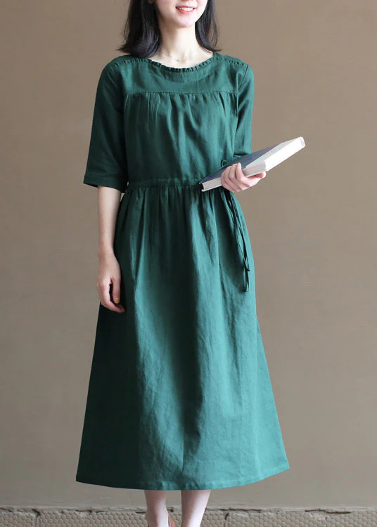 Loose Solid Blackish Green Drawstring Ruffled Cotton Linen Vacation Dress Half Sleeve - Image 2