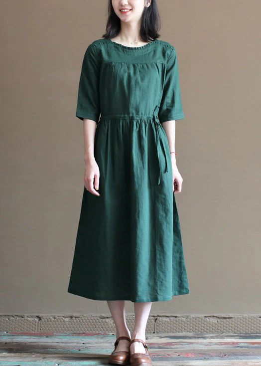 Loose Solid Blackish Green Drawstring Ruffled Cotton Linen Vacation Dress Half Sleeve - Image 3