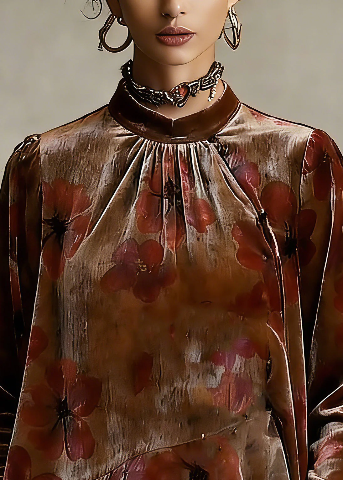 Loose Stand Collar Asymmetrical Ruffled Silk Velour Shirt Spring - Image 2