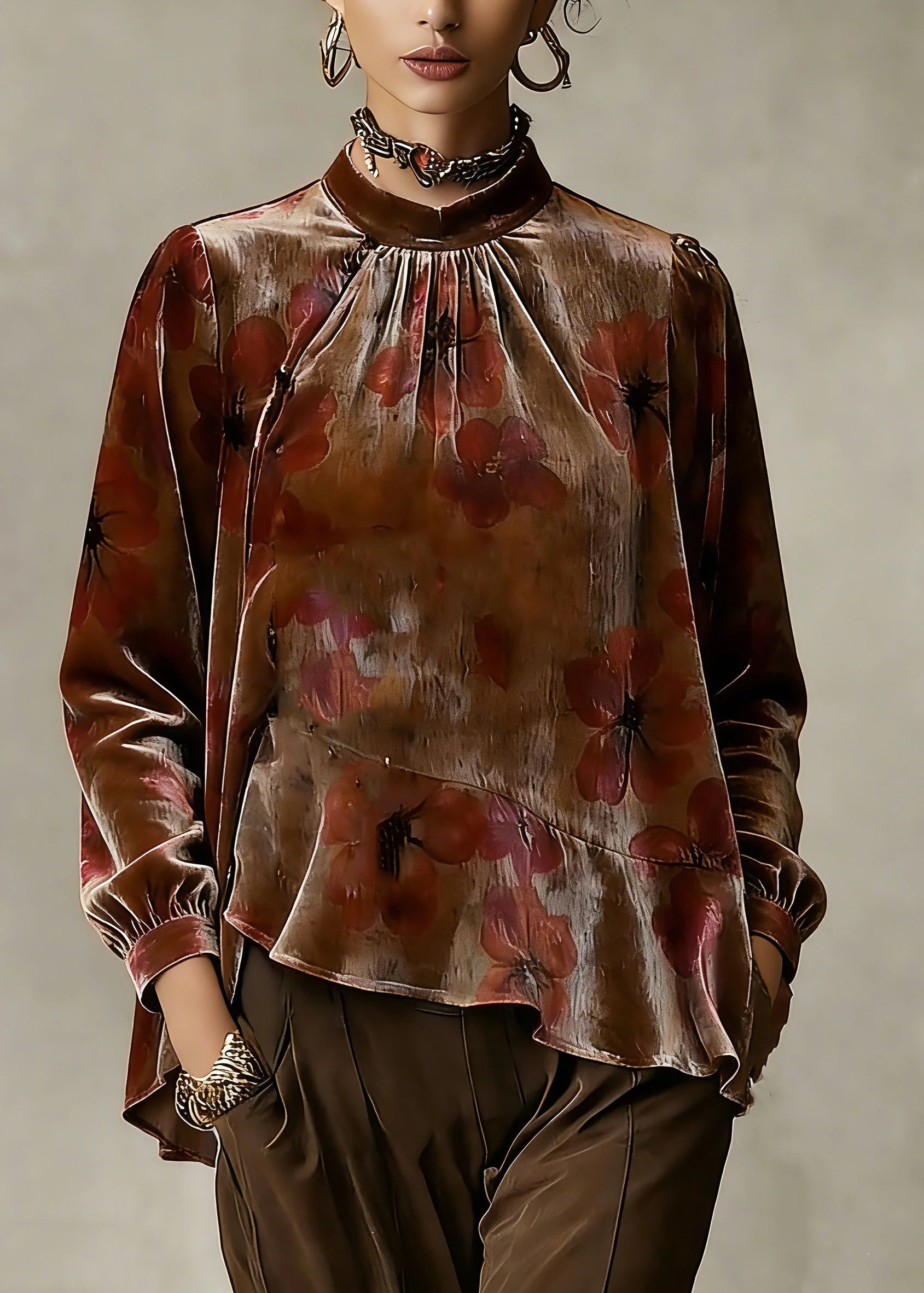 Loose Stand Collar Asymmetrical Ruffled Silk Velour Shirt Spring - Image 3