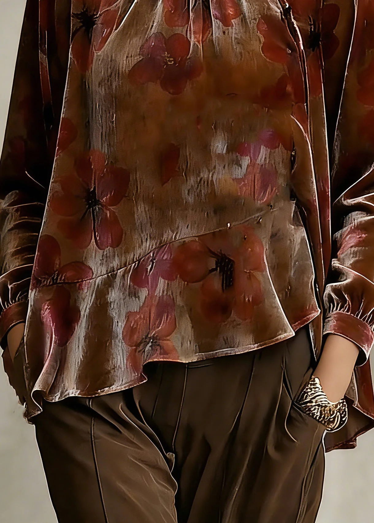 Loose Stand Collar Asymmetrical Ruffled Silk Velour Shirt Spring - Image 4