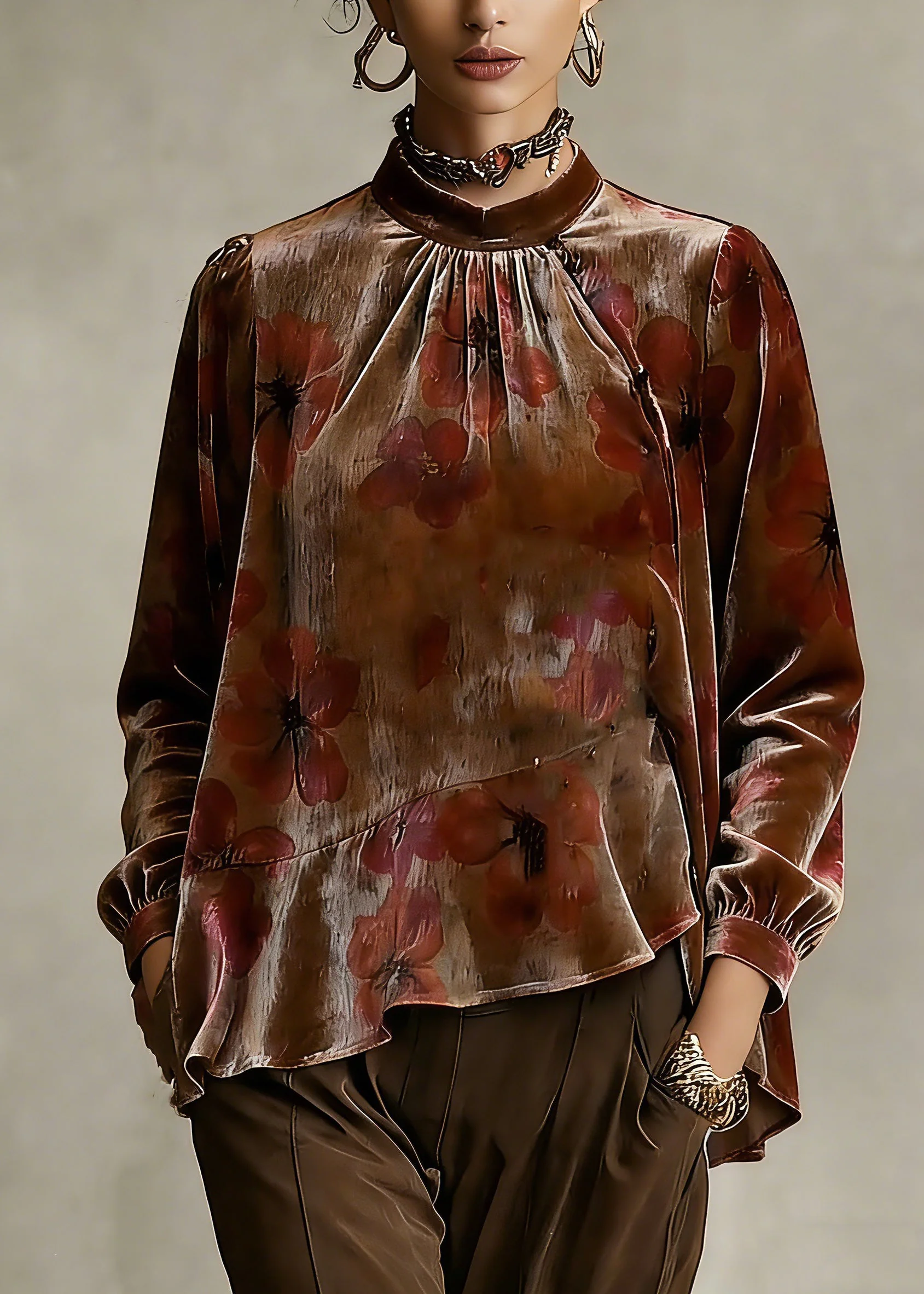 Loose Stand Collar Asymmetrical Ruffled Silk Velour Shirt Spring - Image 5