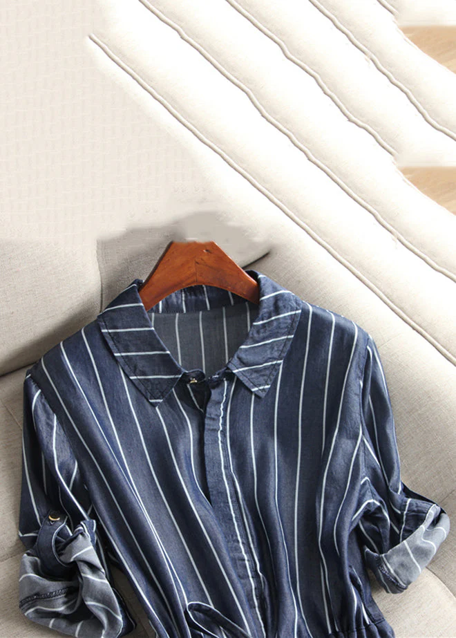 Loose Striped Button Lace Up Denim Blouses Dress Half Sleeve - Image 3