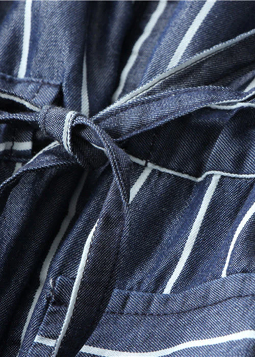 Loose Striped Button Lace Up Denim Blouses Dress Half Sleeve - Image 4
