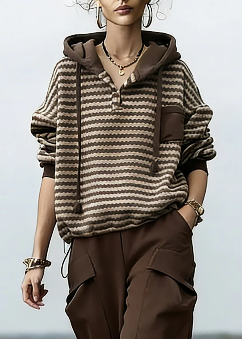 Loose Striped Drawstring Hooded Sweatshirt And Beam Pants Two Piece Set Spring - Image 2