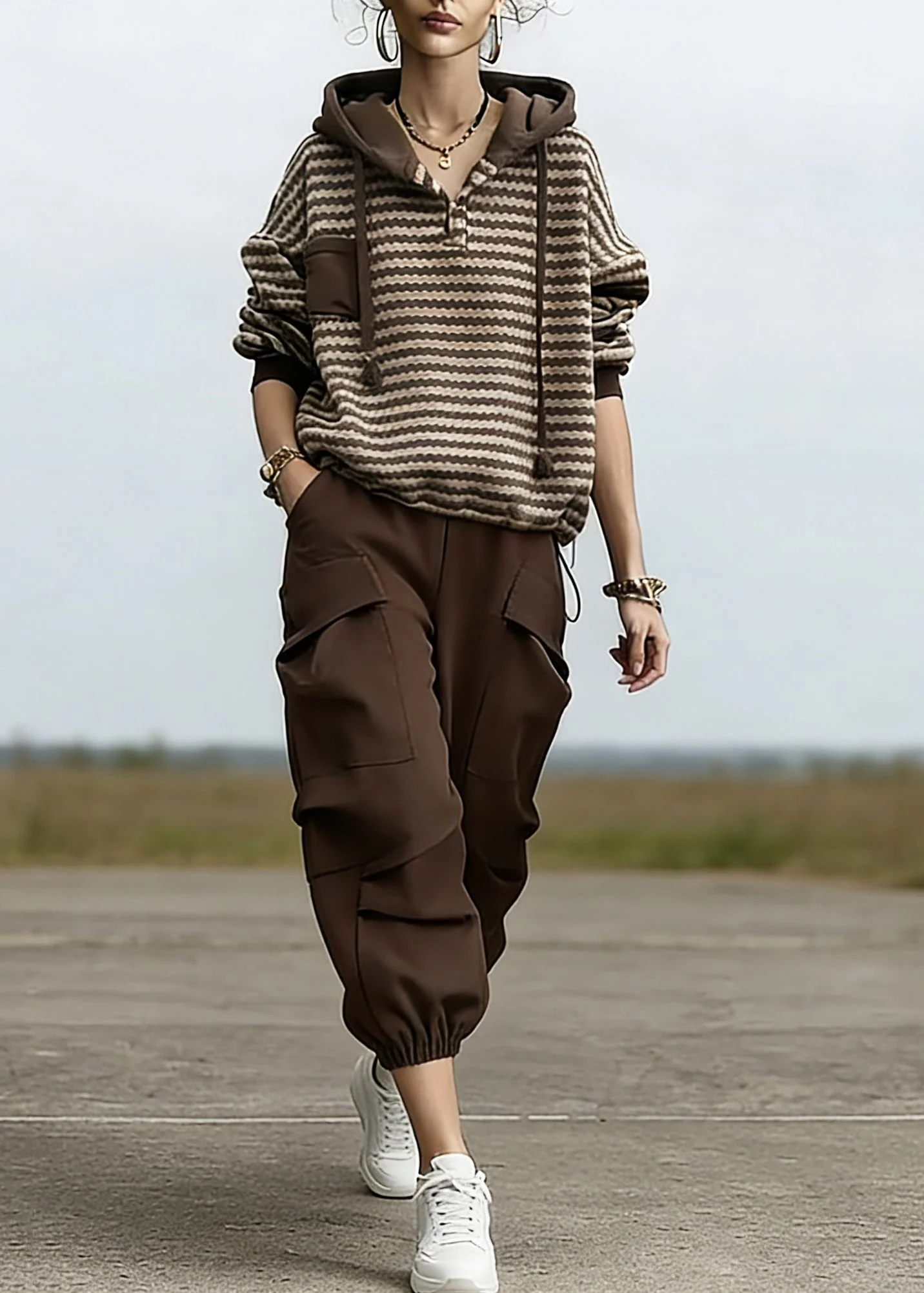 Loose Striped Drawstring Hooded Sweatshirt And Beam Pants Two Piece Set Spring - Image 3