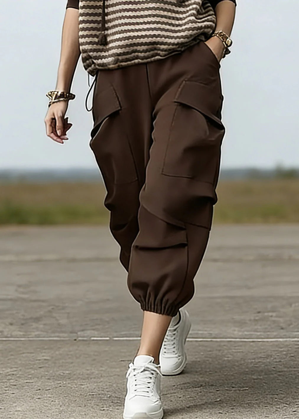 Loose Striped Drawstring Hooded Sweatshirt And Beam Pants Two Piece Set Spring - Image 4