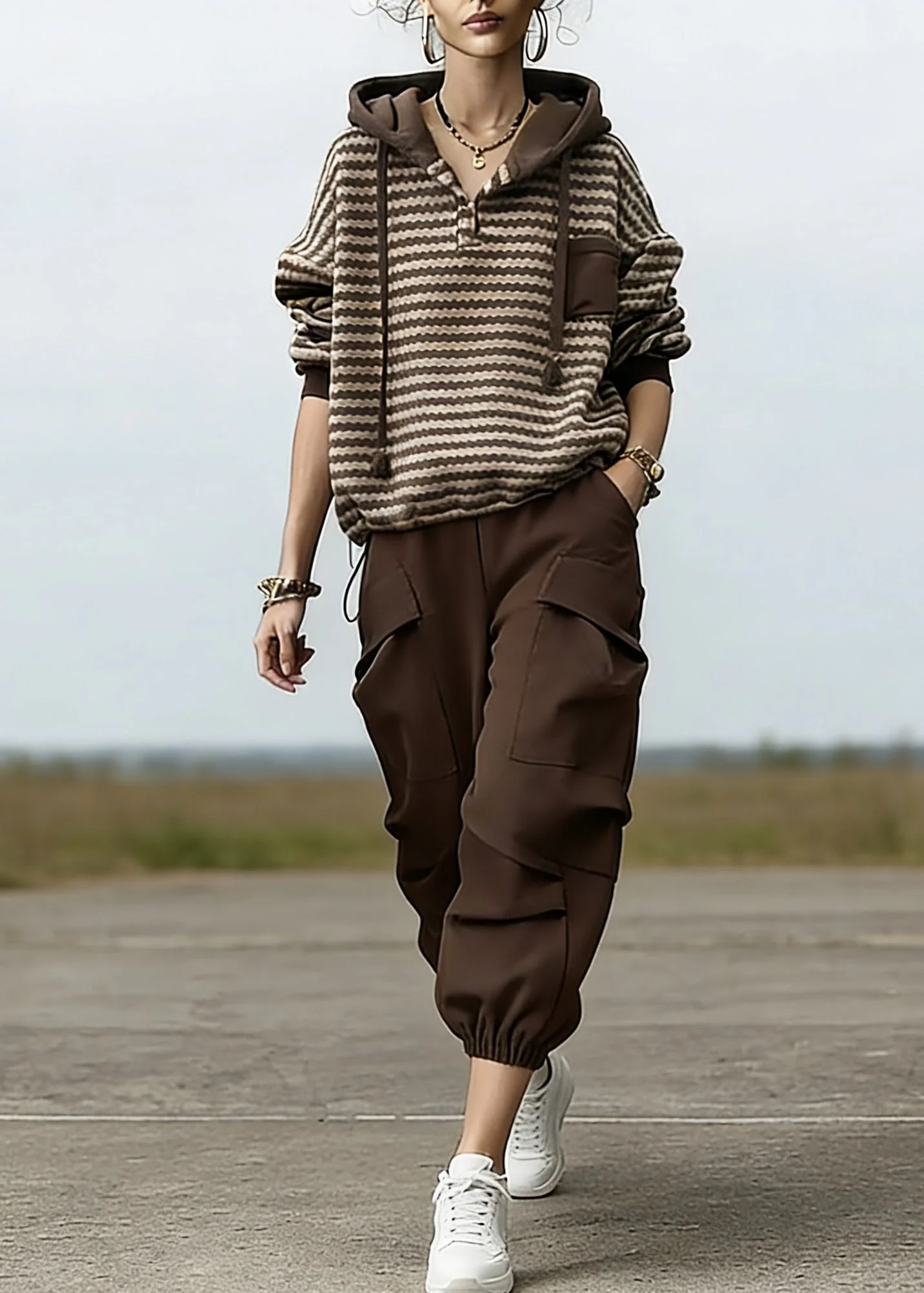Loose Striped Drawstring Hooded Sweatshirt And Beam Pants Two Piece Set Spring - Image 5