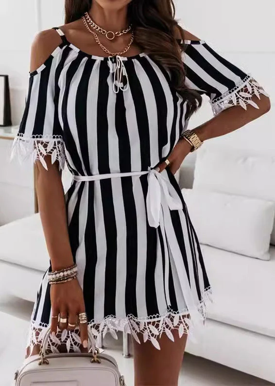 Loose Striped Lace Up Cotton Mid Dress Summer - Image 2