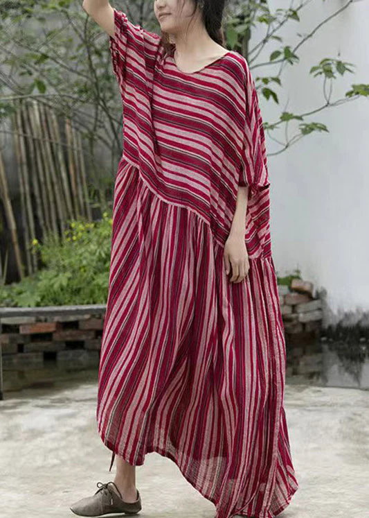Loose Striped O-Neck Lace Up Cotton Long Dresses Batwing Sleeve - Image 2