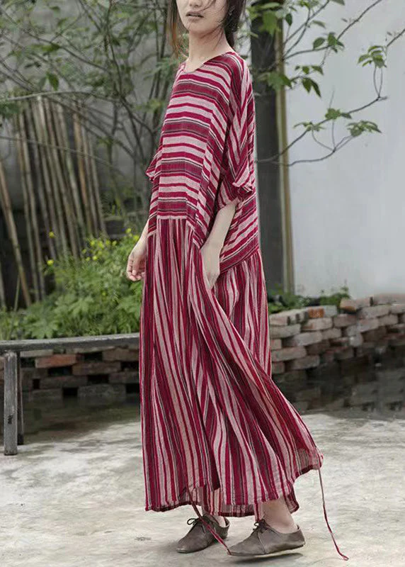 Loose Striped O-Neck Lace Up Cotton Long Dresses Batwing Sleeve - Image 3