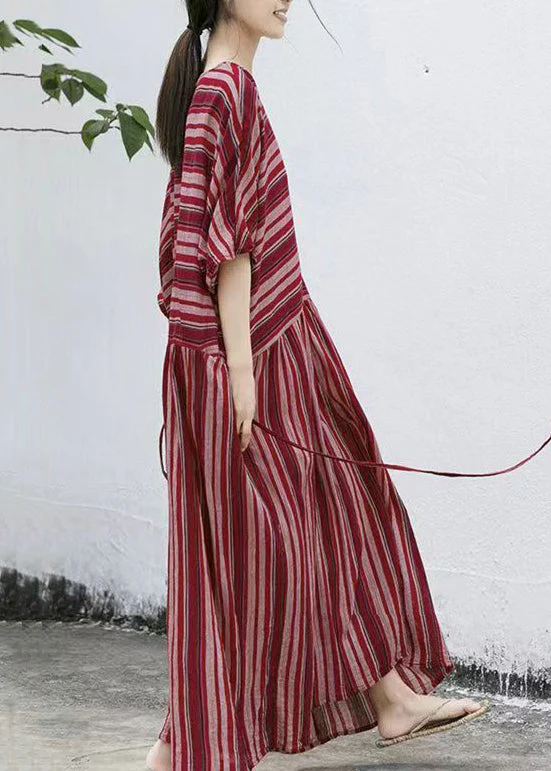 Loose Striped O-Neck Lace Up Cotton Long Dresses Batwing Sleeve - Image 4