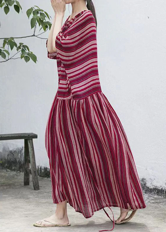 Loose Striped O-Neck Lace Up Cotton Long Dresses Batwing Sleeve - Image 5