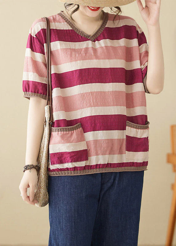 Loose Striped Patchwork O-Neck T Shirts Short Sleeve - Image 2