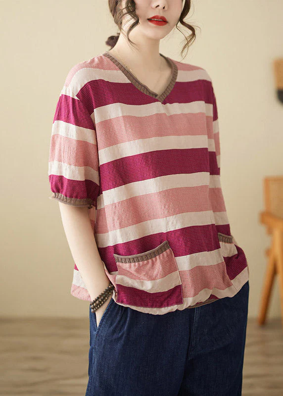 Loose Striped Patchwork O-Neck T Shirts Short Sleeve - Image 3