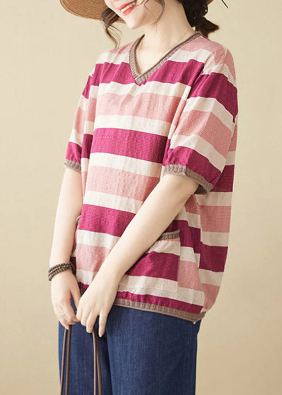 Loose Striped Patchwork O-Neck T Shirts Short Sleeve - Image 4