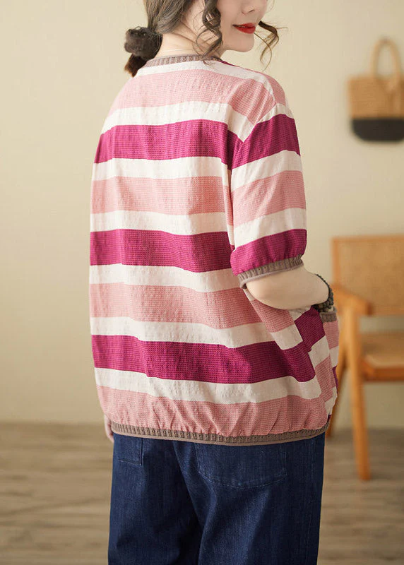 Loose Striped Patchwork O-Neck T Shirts Short Sleeve - Image 5