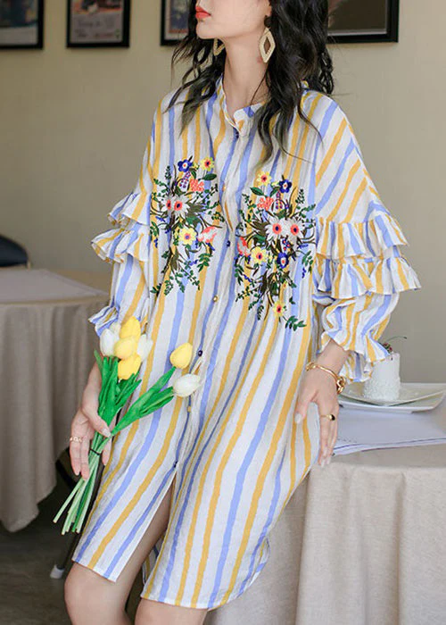 Loose Striped Ruffled Low High Design Cotton Shirt Dress Spring
