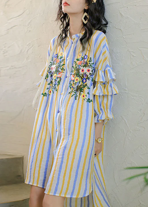 Loose Striped Ruffled Low High Design Cotton Shirt Dress Spring - Image 4
