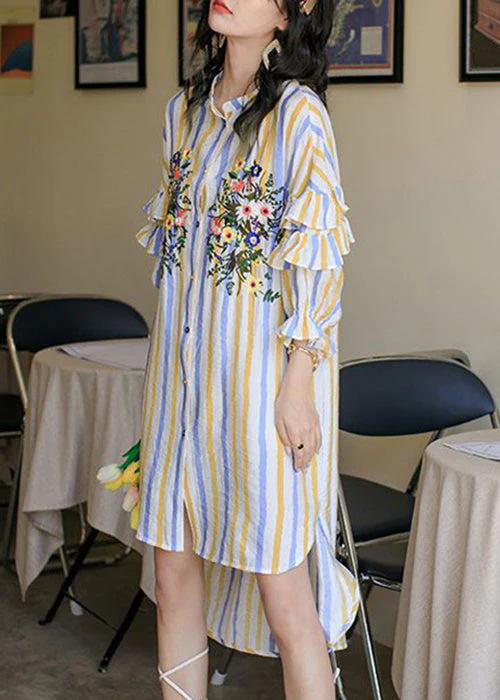 Loose Striped Ruffled Low High Design Cotton Shirt Dress Spring - Image 5