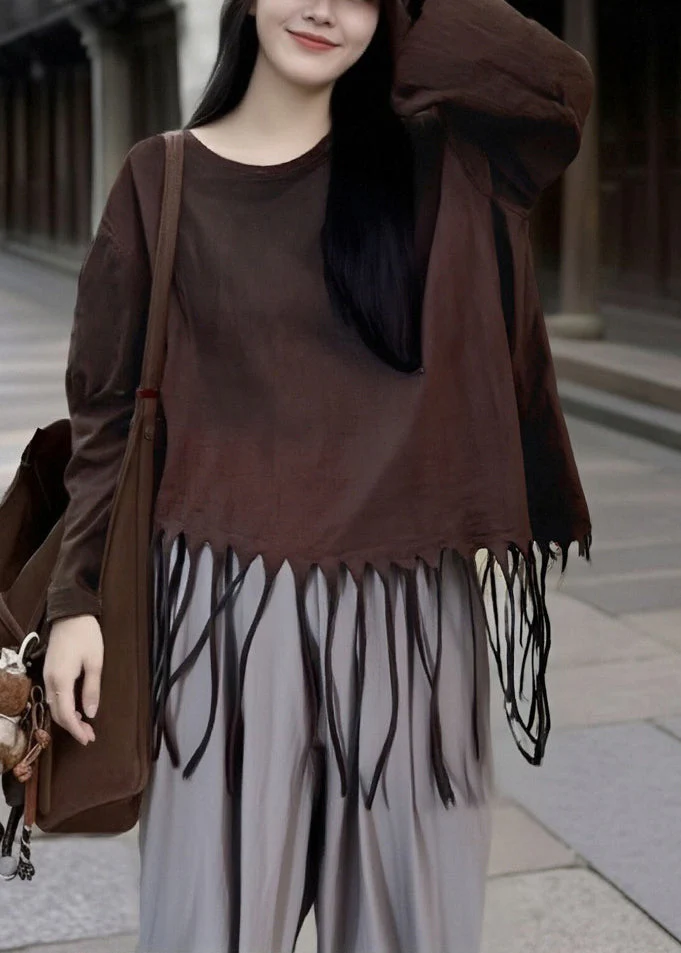 Loose Turmeric Tasseled Solid Cotton T Shirt Spring - Image 2