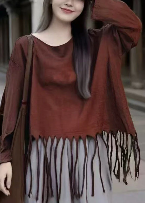 Loose Turmeric Tasseled Solid Cotton T Shirt Spring - Image 3