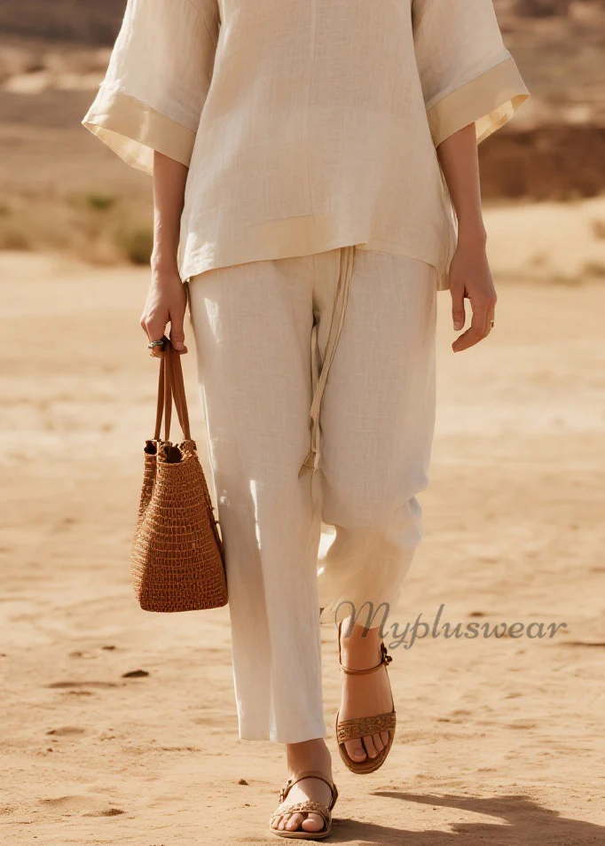 Loose V Neck Patchwork Casual Linen Two Piece Suit Set Summer - Image 4