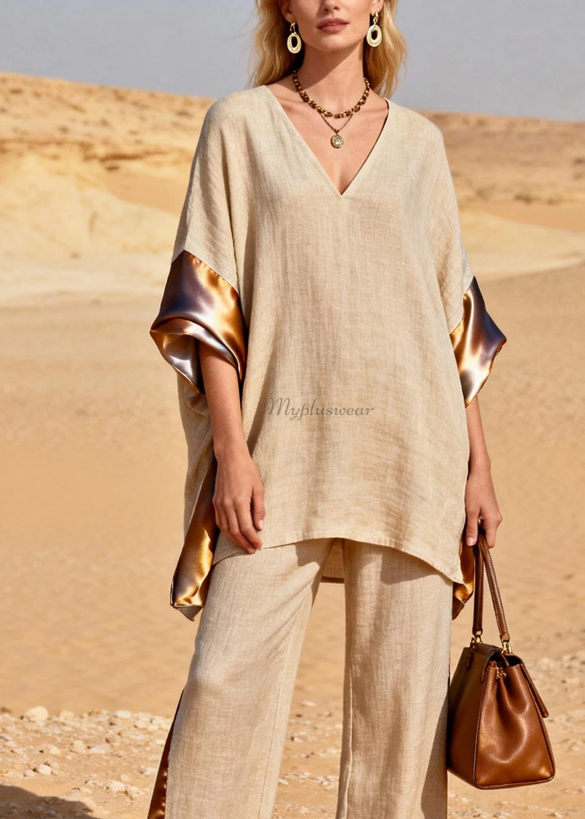 Loose V Neck Patchwork Linen Silk Two Pieces Set Summer - Image 2