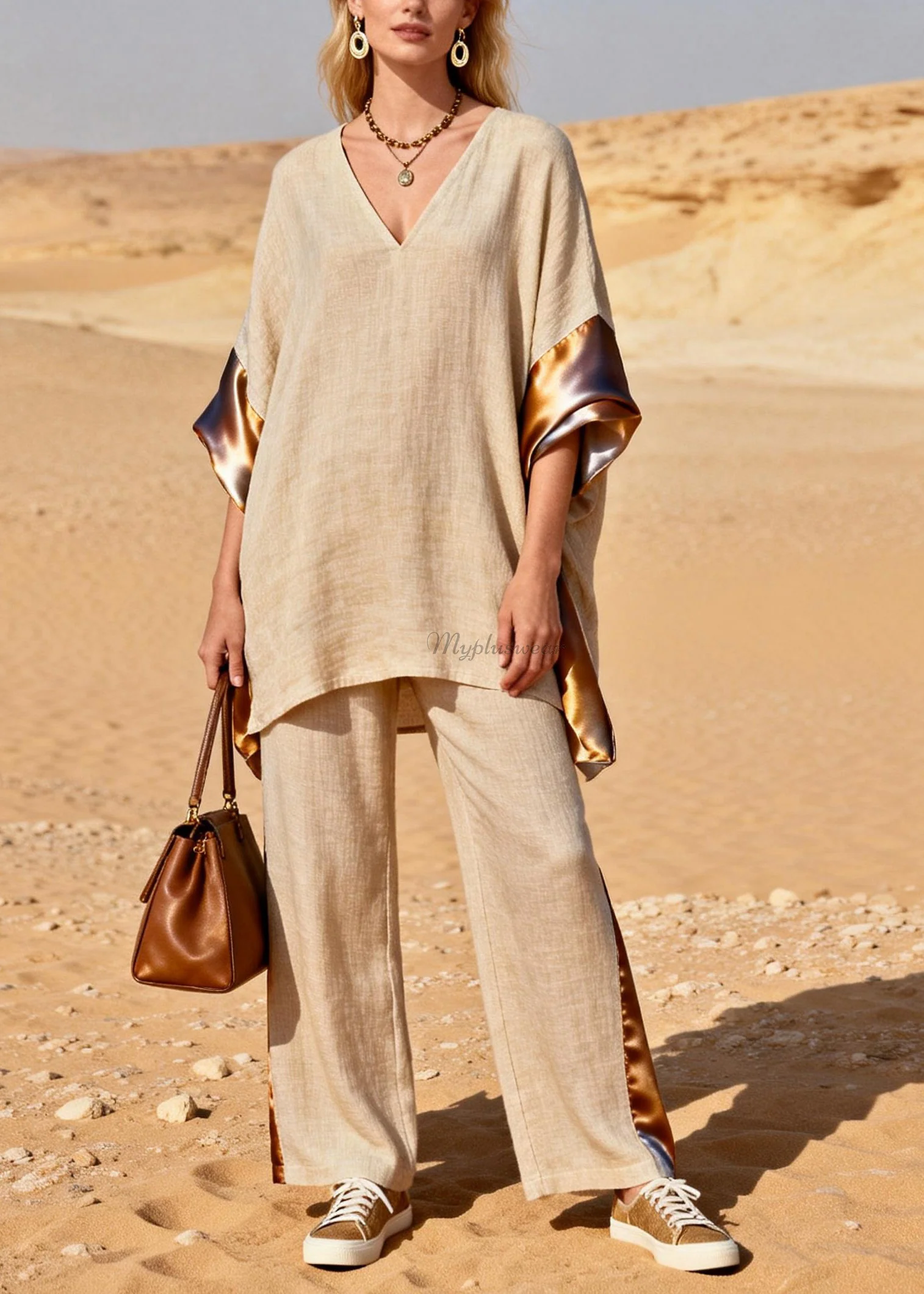 Loose V Neck Patchwork Linen Silk Two Pieces Set Summer - Image 3