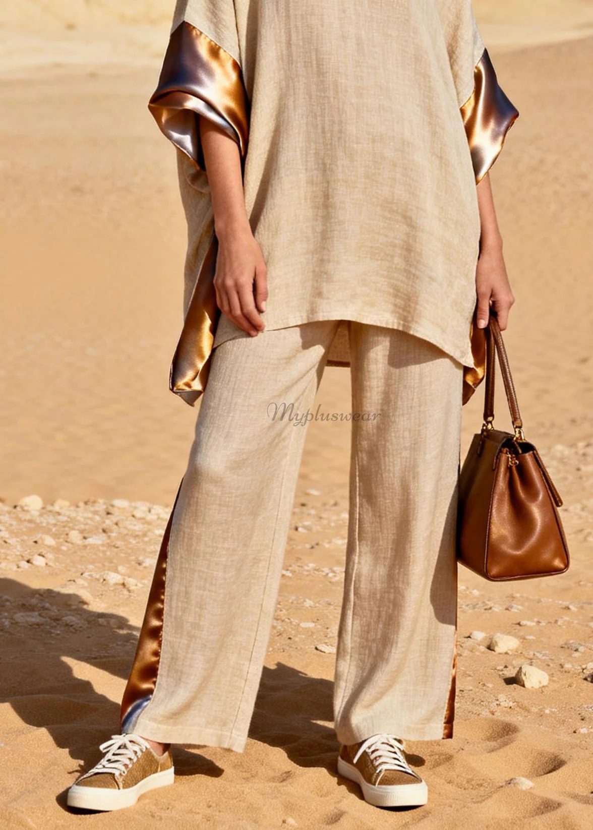 Loose V Neck Patchwork Linen Silk Two Pieces Set Summer - Image 4
