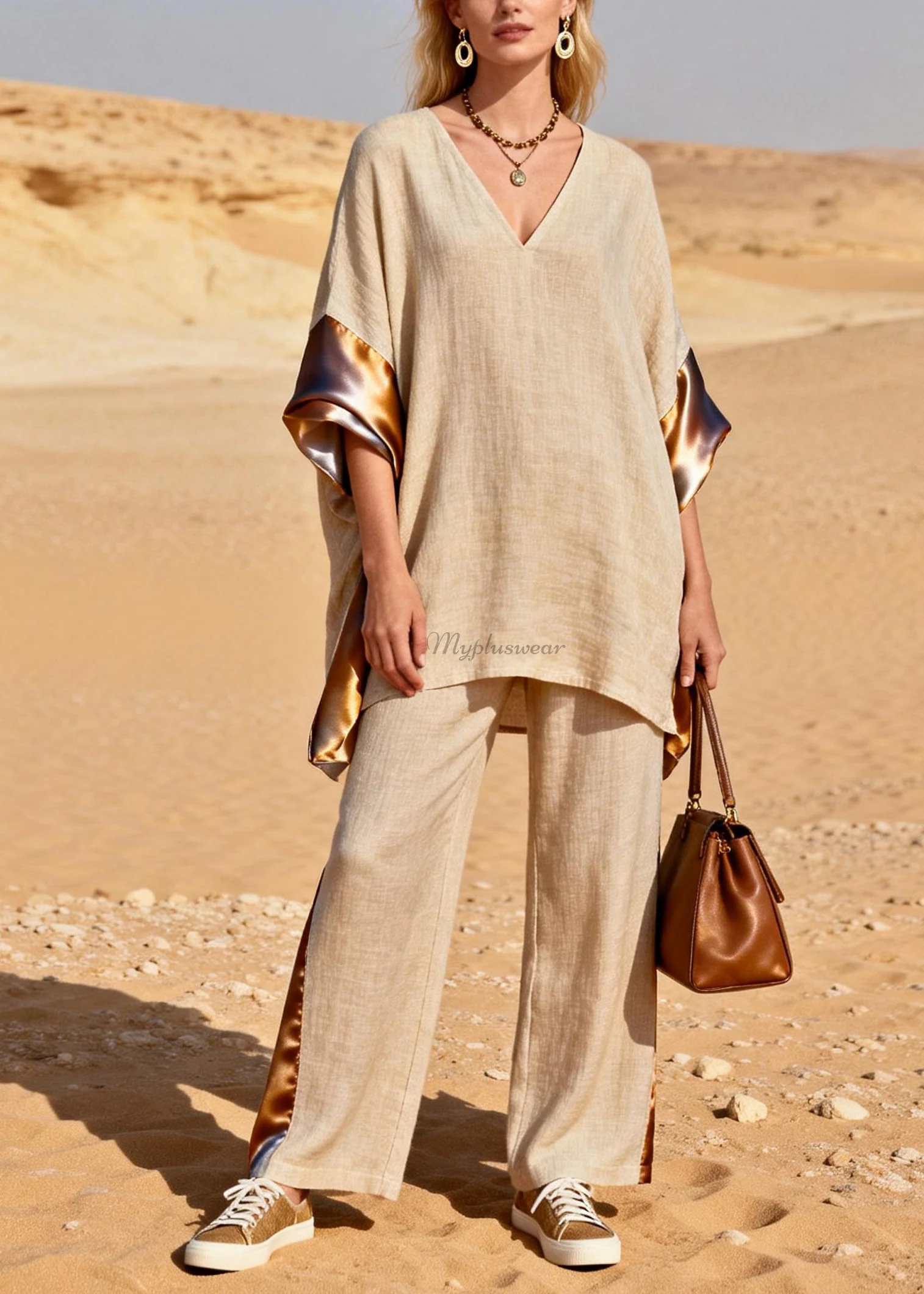 Loose V Neck Patchwork Linen Silk Two Pieces Set Summer - Image 5