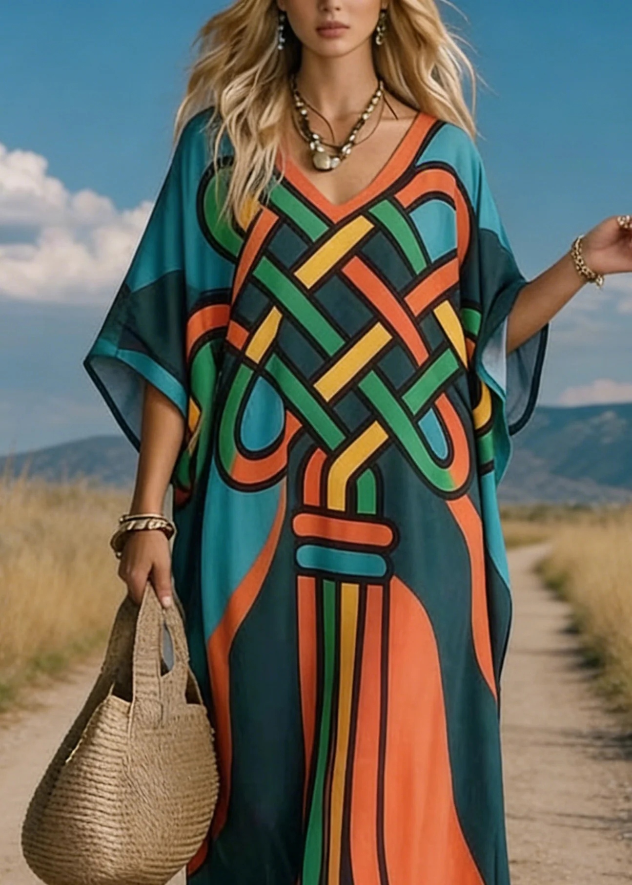 Loose V Neck Print Cotton Maxi Dresses Batwing Sleeve - Image 2