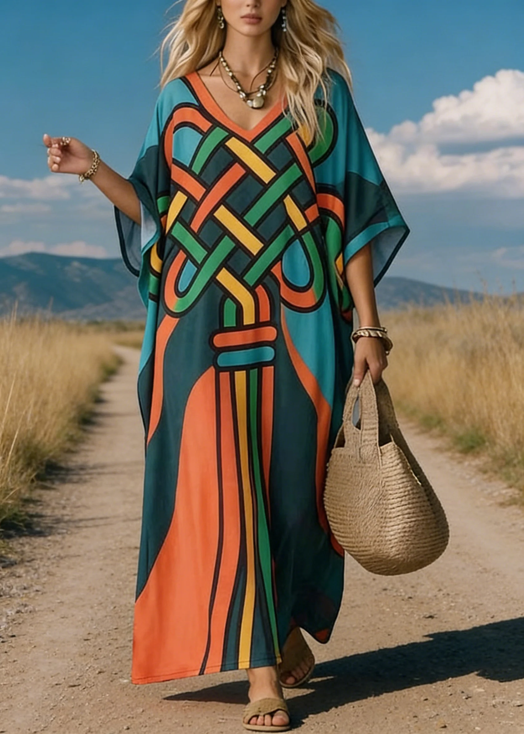Loose V Neck Print Cotton Maxi Dresses Batwing Sleeve - Image 3