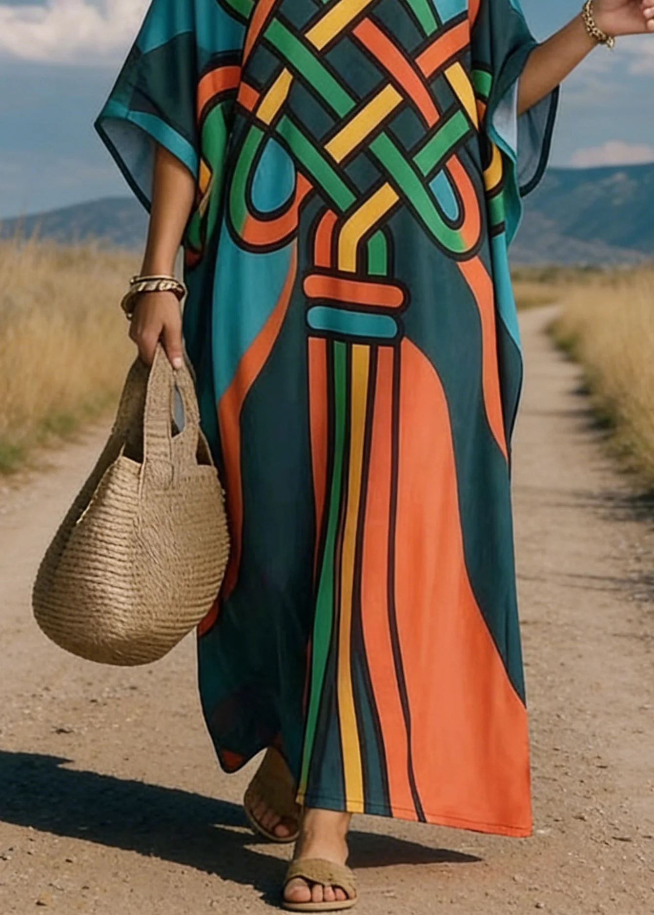 Loose V Neck Print Cotton Maxi Dresses Batwing Sleeve - Image 4