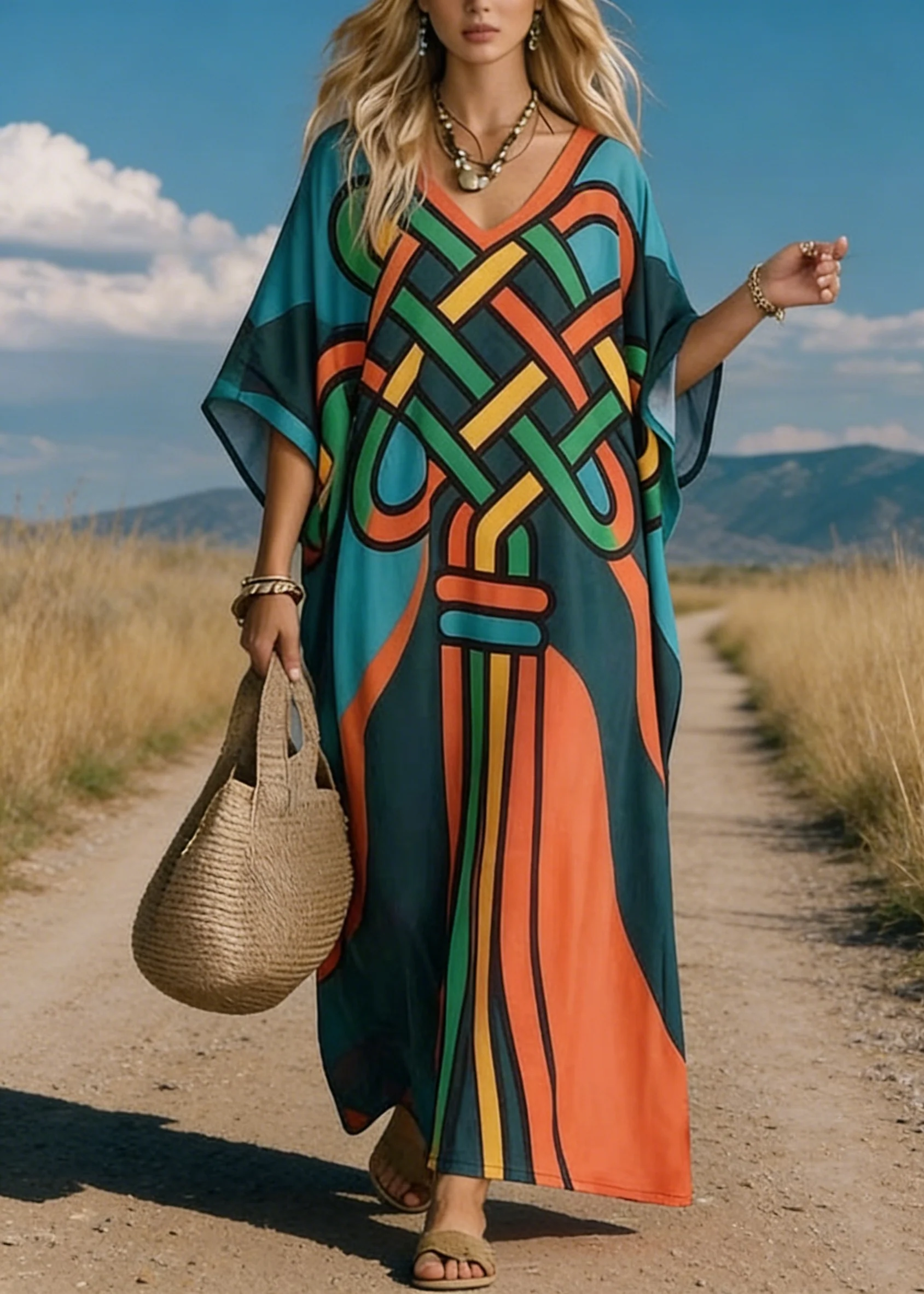 Loose V Neck Print Cotton Maxi Dresses Batwing Sleeve - Image 5