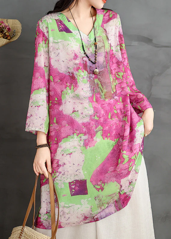 Loose V Neck Print Cotton Shirts Dress Bracelet Sleeve - Image 2