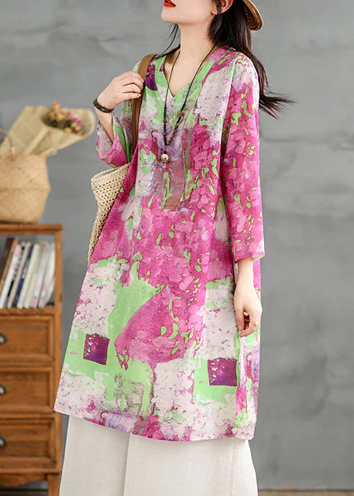 Loose V Neck Print Cotton Shirts Dress Bracelet Sleeve - Image 3