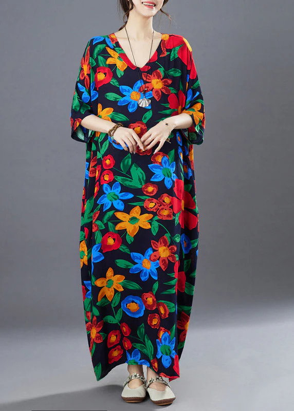 Loose V Neck Print Cozy Holiday Long Dress Summer - Image 2