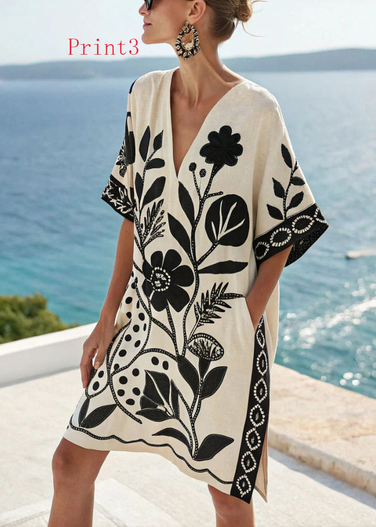 Loose V Neck Print Pockets Cotton Mid Dress Summer - Image 3