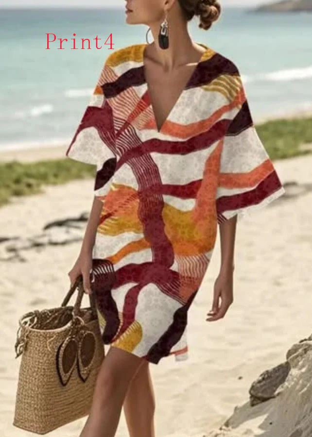 Loose V Neck Print Pockets Cotton Mid Dress Summer - Image 4