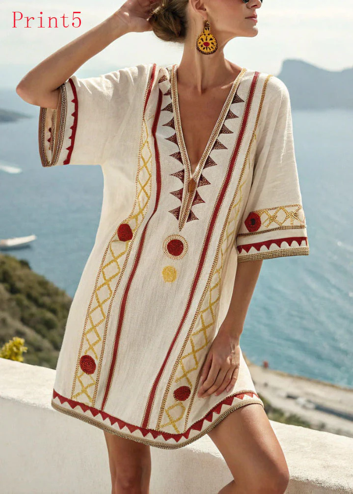 Loose V Neck Print Pockets Cotton Mid Dress Summer - Image 5