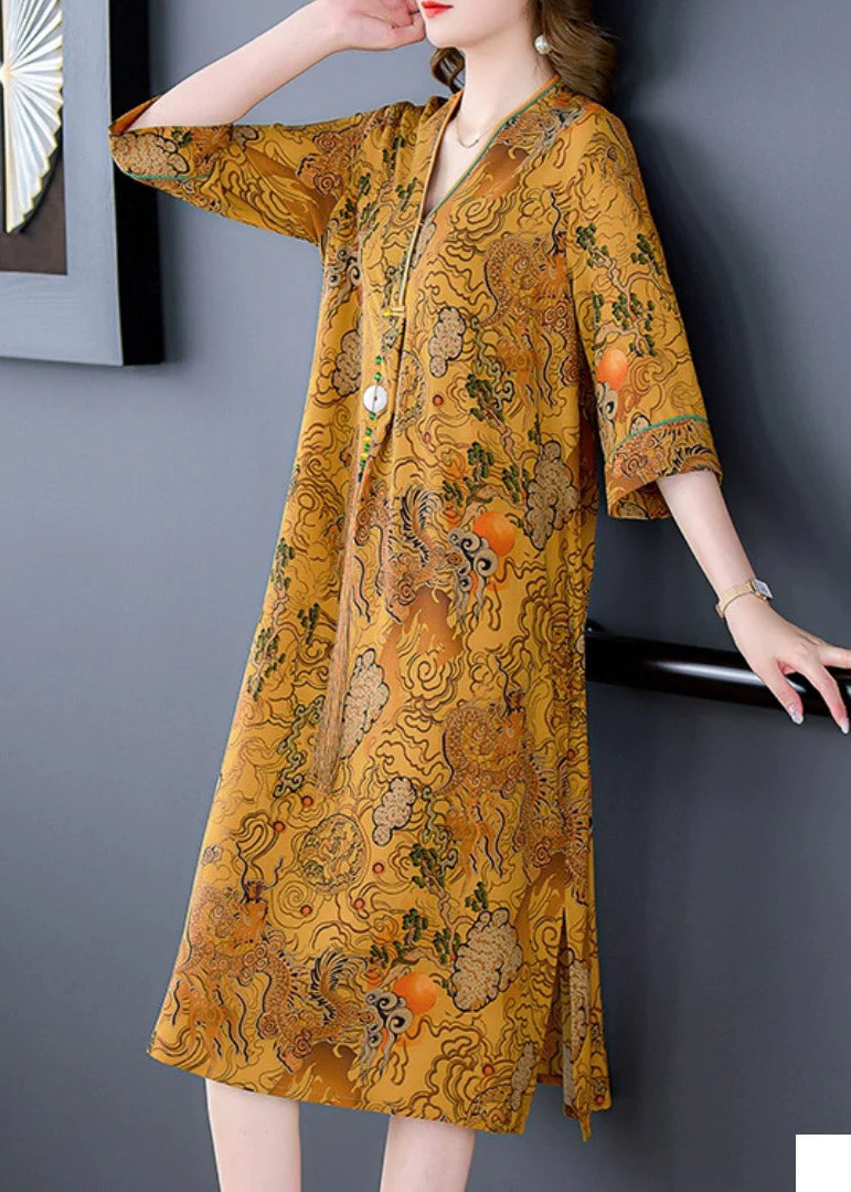 Loose V Neck Print Side Open Silk Maxi Dresses Half Sleeve - Image 3