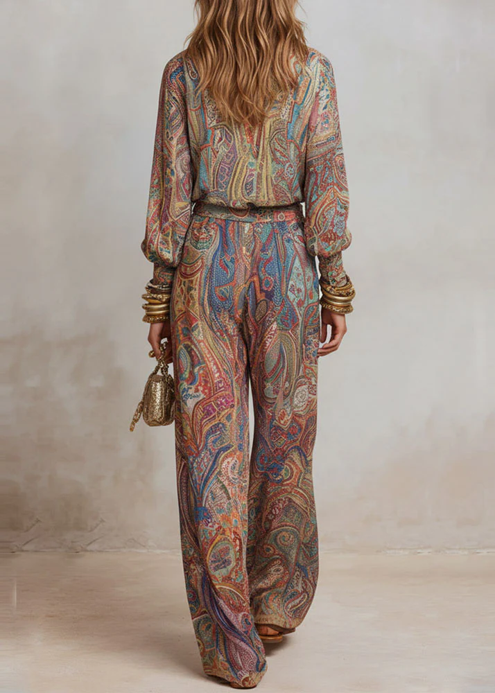 Loose V Neck Print Top And Pants Cotton Two Pieces Set Fall - Image 2