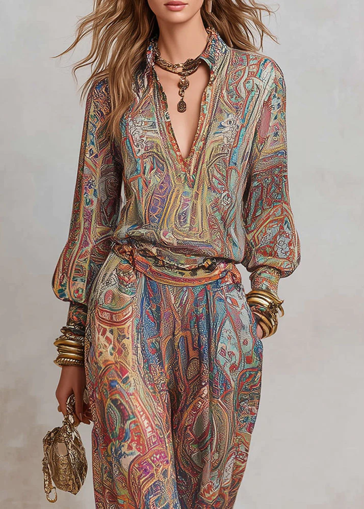 Loose V Neck Print Top And Pants Cotton Two Pieces Set Fall - Image 3