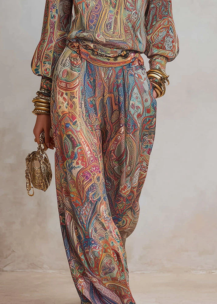 Loose V Neck Print Top And Pants Cotton Two Pieces Set Fall - Image 4