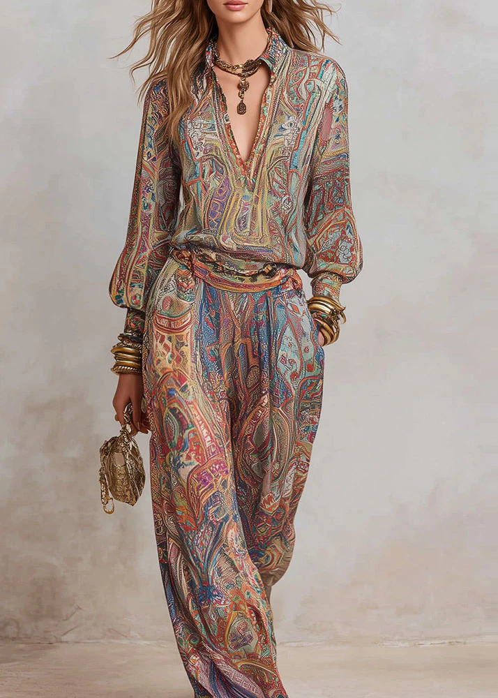 Loose V Neck Print Top And Pants Cotton Two Pieces Set Fall - Image 5
