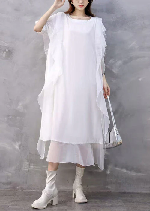 Loose White Asymmetrical Ruffled Chiffon Dresses Summer - Image 2