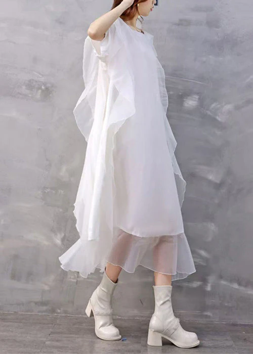 Loose White Asymmetrical Ruffled Chiffon Dresses Summer - Image 3