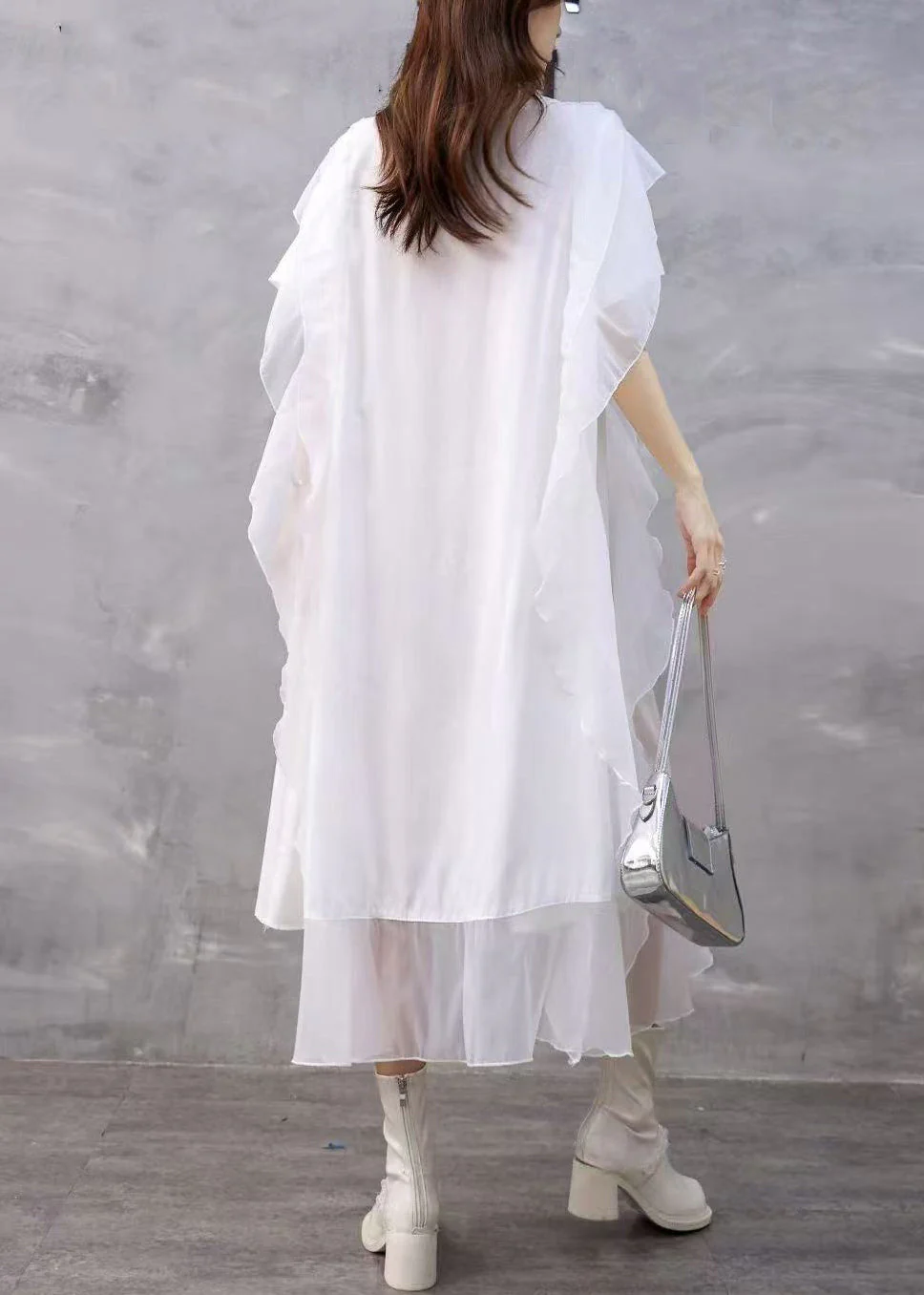 Loose White Asymmetrical Ruffled Chiffon Dresses Summer - Image 4